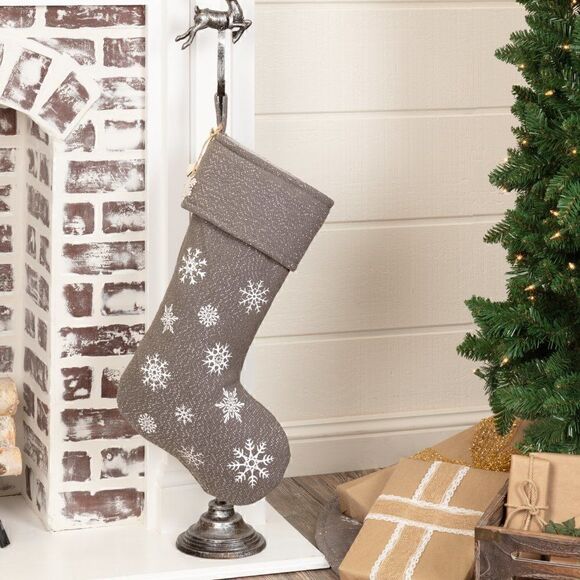 Christmas Farmhouse Grey Snowflake Burlap Stocking Country Cottage Holiday - Picture 1 of 4
